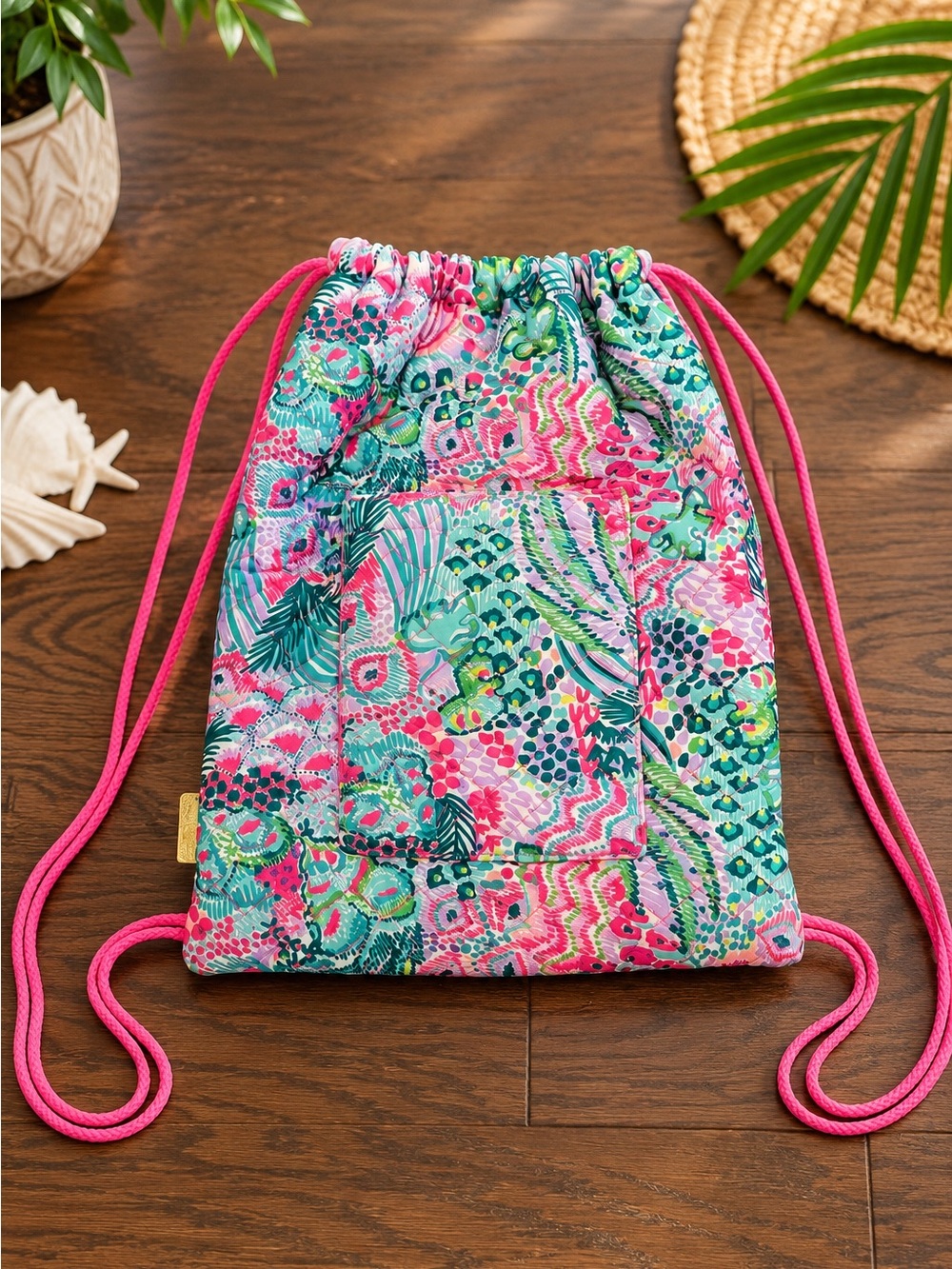 Lilly Pulitzer Banana Split Quilted Drawstring Backpack Pink Rope Straps Bag